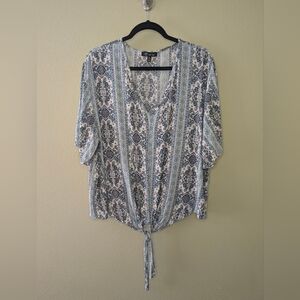 1010- Elegant Blue and White Patterned Women's Blouse Size XXL V-Neck